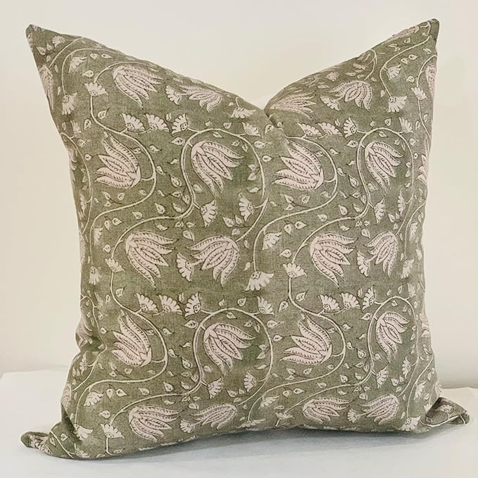 Sage Green Floral Pillow Covers 20x20,Farmhouse Vintage Block Print Pillow Cover, Decorative Pill... | Amazon (US)