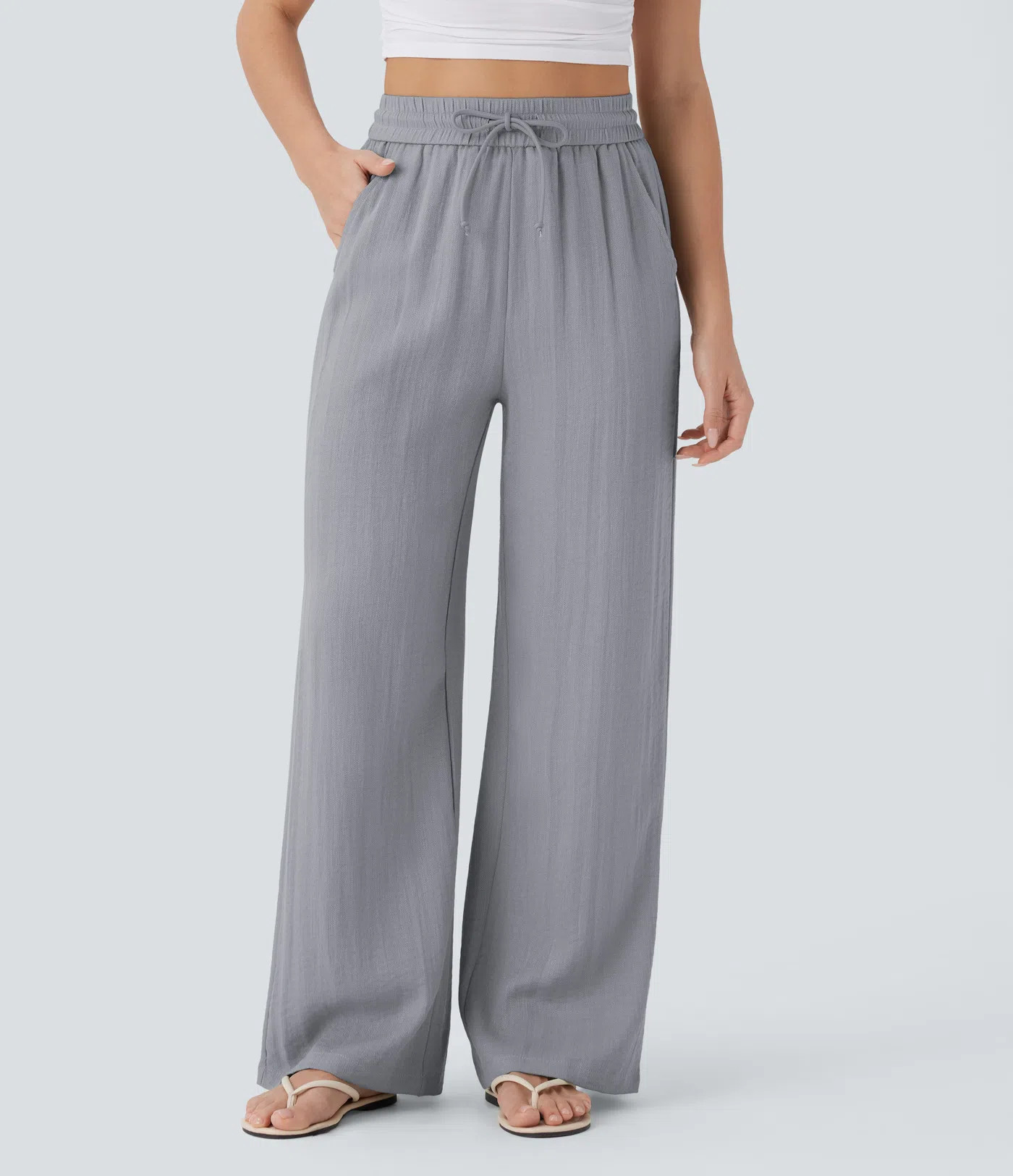 Women’s High Waisted Drawstring Pocket Wide Leg Baggy Casual Linen-Feel Pants - Halara | HALARA