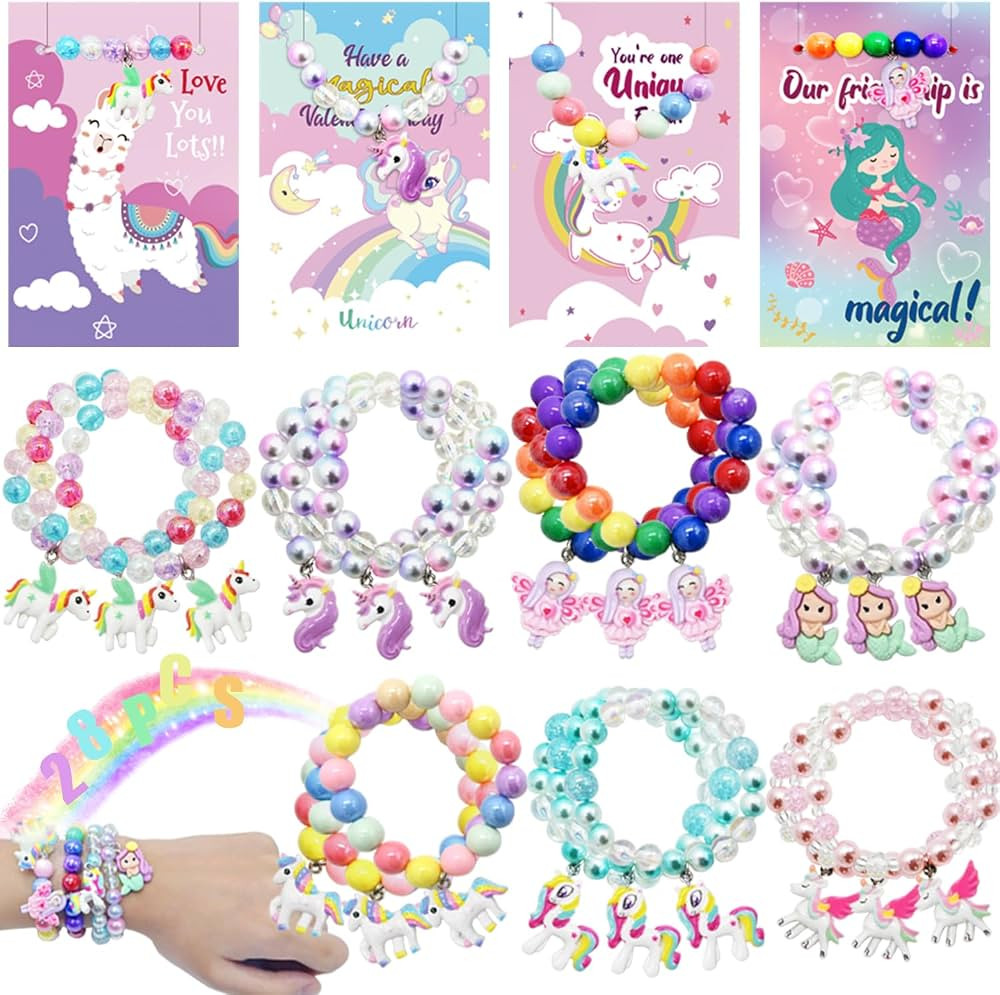 UMEELR 28 Packs Unicorn Valentines Day Cards with Rainbow Bracelets for Girls Classroom Prizes, V... | Amazon (US)