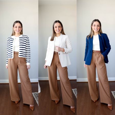 10 items 20 outfits for work! 

White blazer: petite 00 
Blue blazer: petite 00 
White pants: petite 00 
Blue pants: petite 00 
(Also linking full length pants options) 
Green sweater: xs
Striped cardigan: xs (size up) 
Floral top: xxs (runs large) 
Brown pants: 25 short (size up - closest a available color is “brown” but is not exact to my pair) 
White top: xs 
Blue top: petite xxs 

Belt: xxs 
All shoes tts 