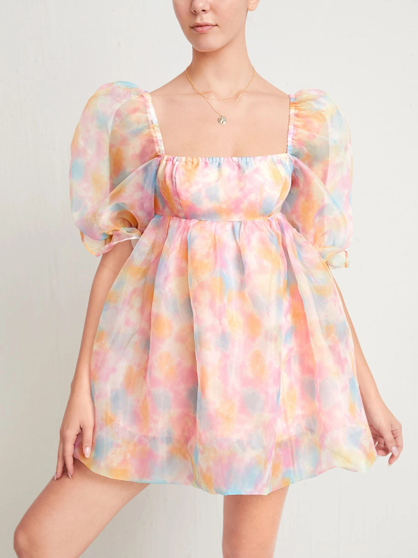 SHEIN Tie Dye Puff Sleeve Square Neck Organza Dress | SHEIN