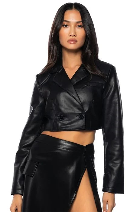 TOP IT OFF CROP PLEATHER BLAZER IN BLACK | AKIRA