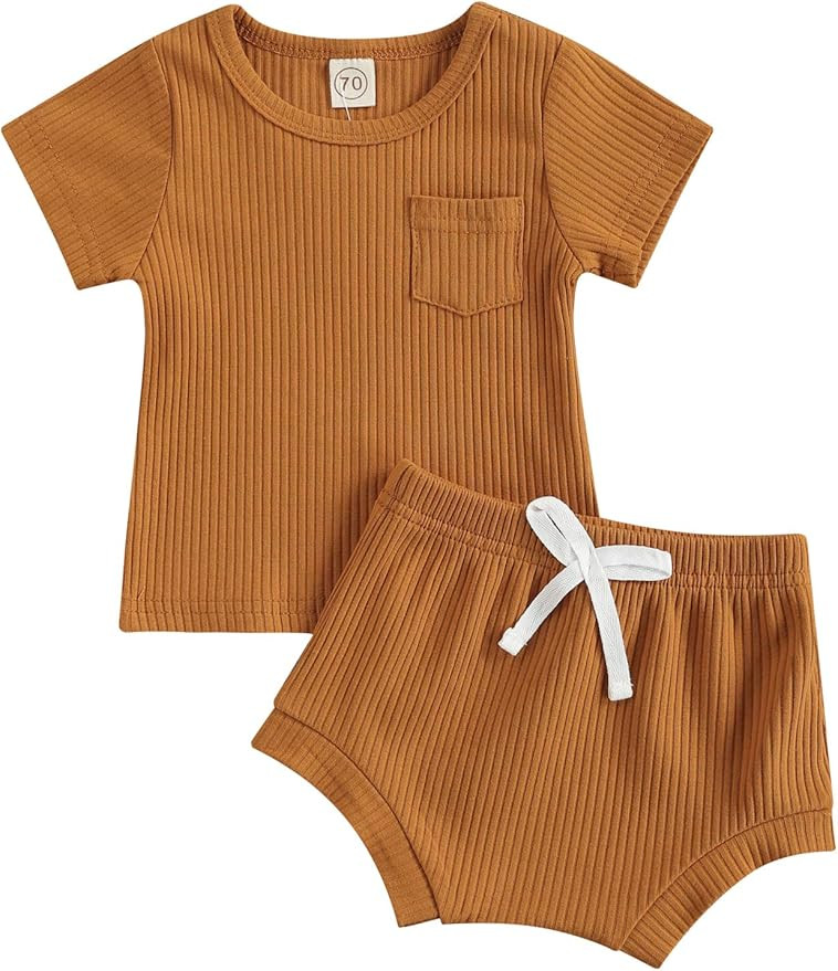 Unisex Infant Baby Girl Boy Solid Color Shorts Set Short Sleeve Shirt Tops+Shorts Outfit 2Pcs Sum... | Amazon (US)
