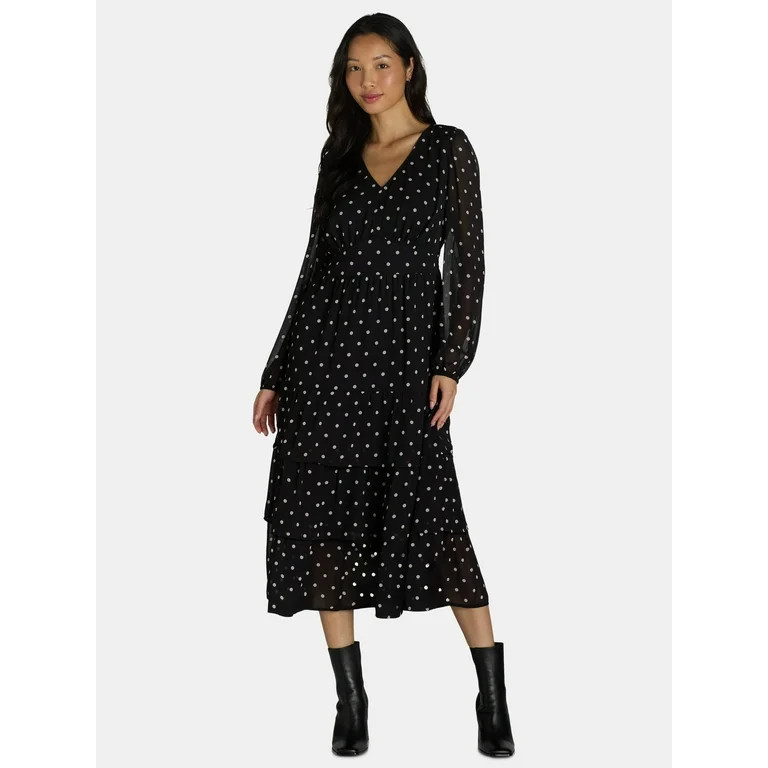 Time and Tru Women's Print Dress with Long Sleeves, Size XS-XXXL - Walmart.com | Walmart (US)