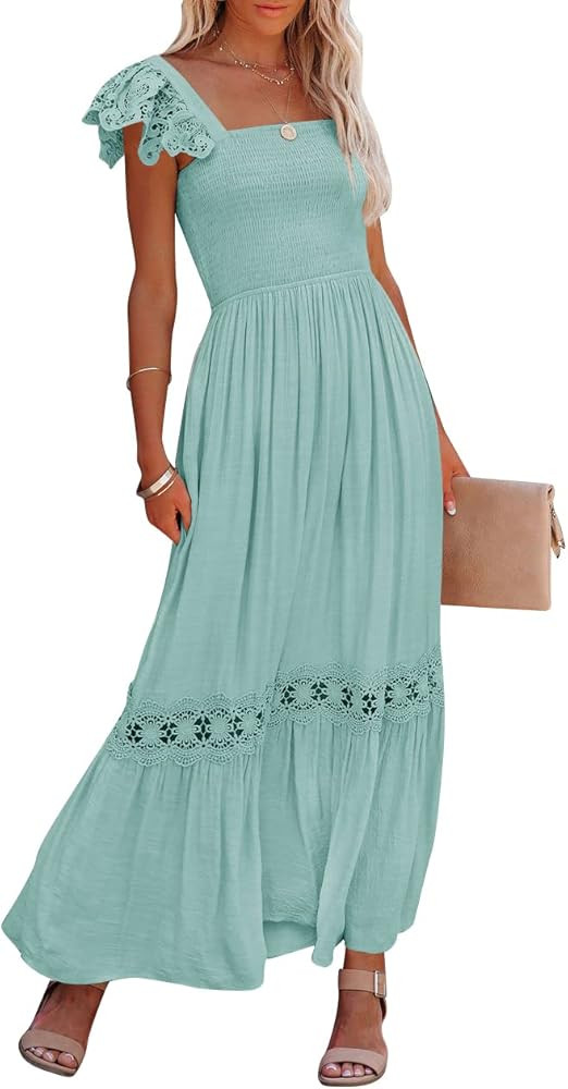 ZESICA Women's 2024 Summer Lace Strap Sleeveless Square Neck Smocked High Waist Ruffle Hollow Out... | Amazon (US)