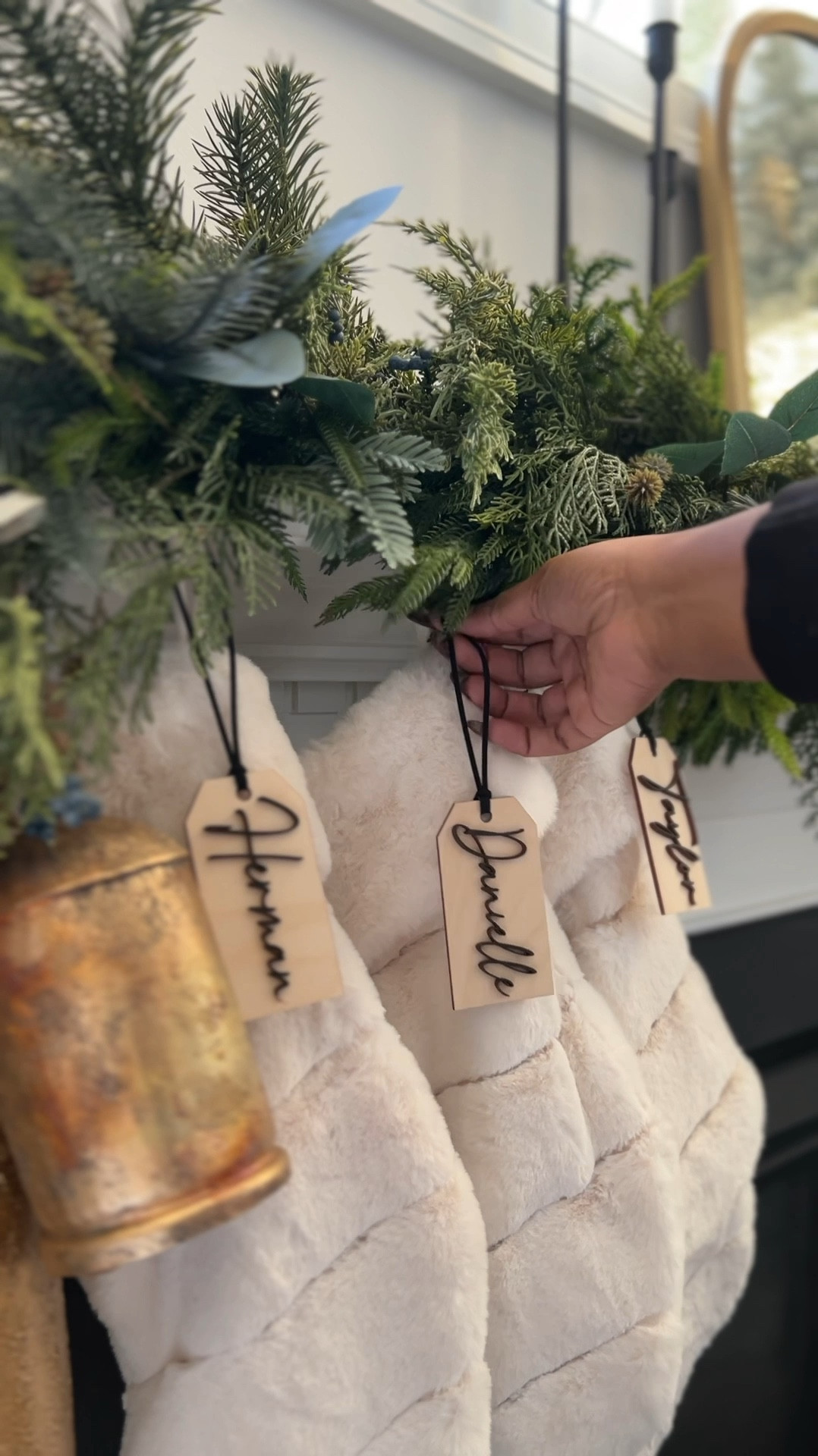 Stocking tags, personalized tags, gold bells, garland, mantle decor, Christmas decor 

#LTKHoliday #LTKHome #LTKSeasonal