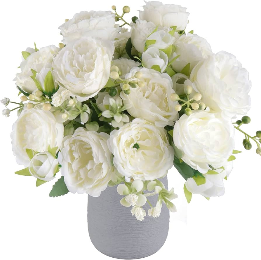 Artificial Peonies Silk Flowers, White Faux Peony Bouquet 4 Bundles Florals Arrangements Decor fo... | Amazon (US)