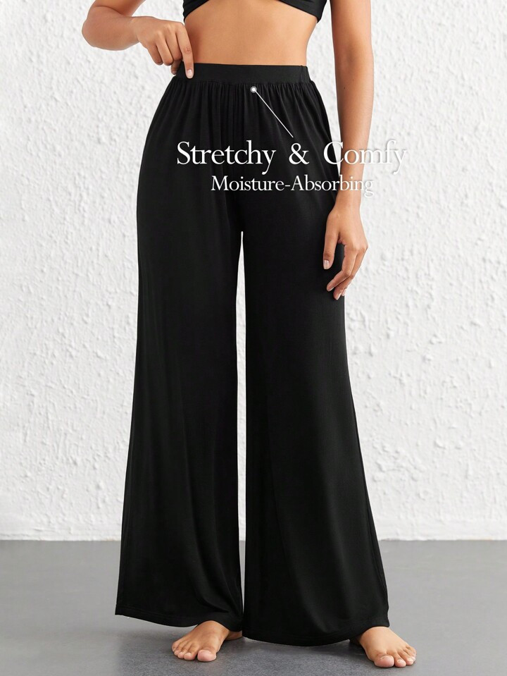 SHEIN Leisure Comfortable Rayon Wide Leg Casual Pants-Black | SHEIN