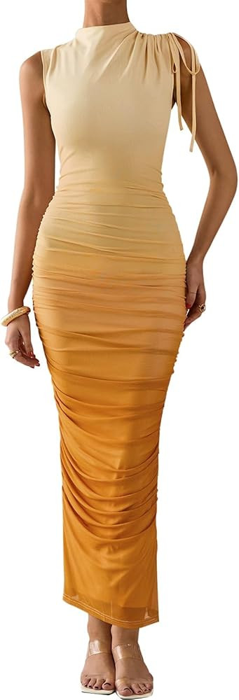 PRETTYGARDEN Women's Summer Maxi Floral Dresses Ruched Bodycon Sleeveless Mesh Formal Wedding Gue... | Amazon (US)