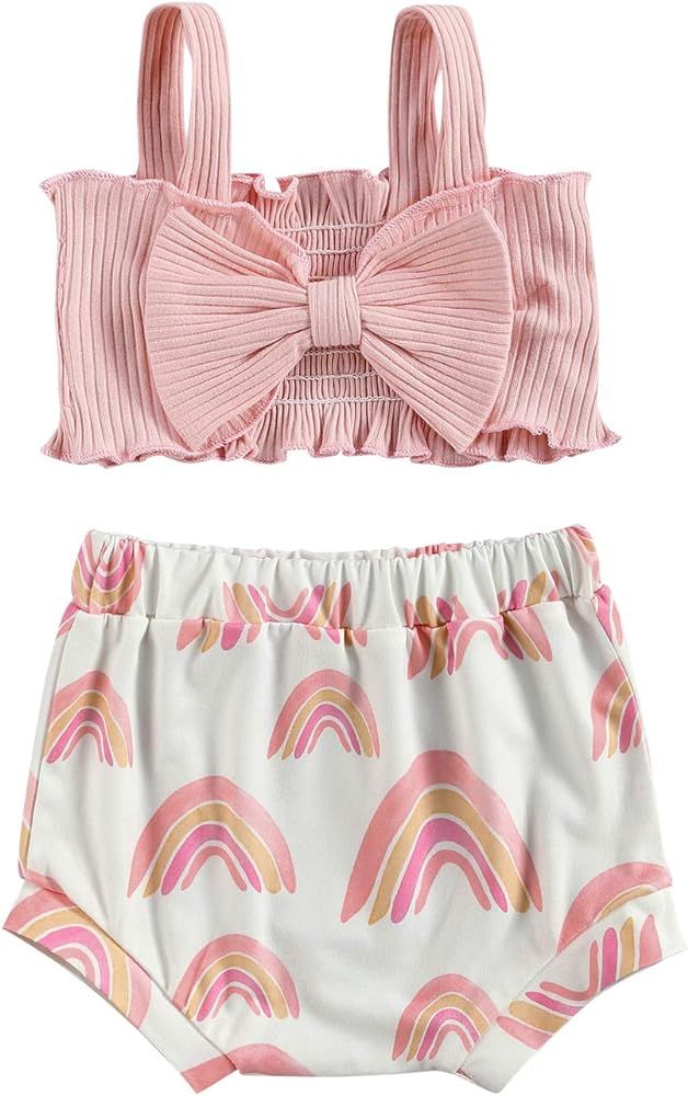 Newborn Baby Girls Sleeveless Crop Top Halter Bowknot T-Shirt Rainbow Shorts 2Pcs Casual Summer O... | Amazon (US)