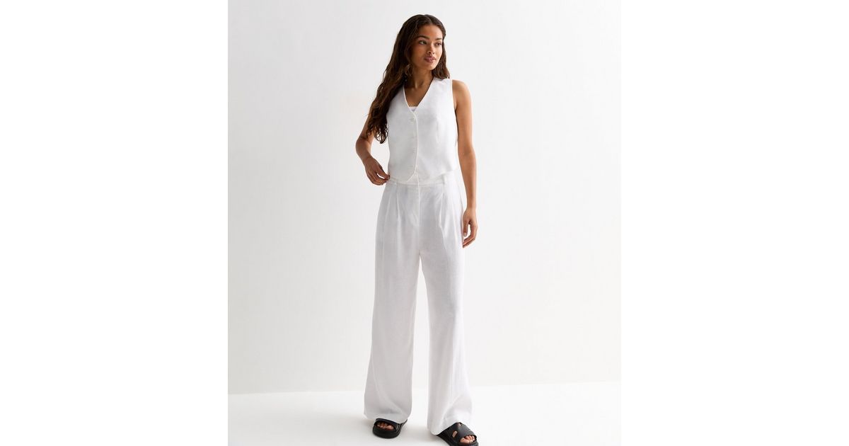Petite White Linen Blend Wide Leg Trousers | New Look | New Look (UK)