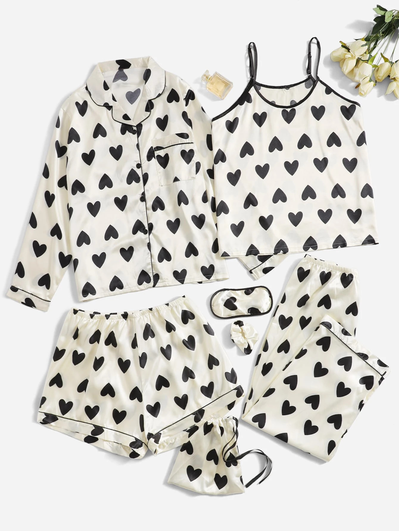 Plus 7pcs Satin Allover Heart Print Night Set | SHEIN