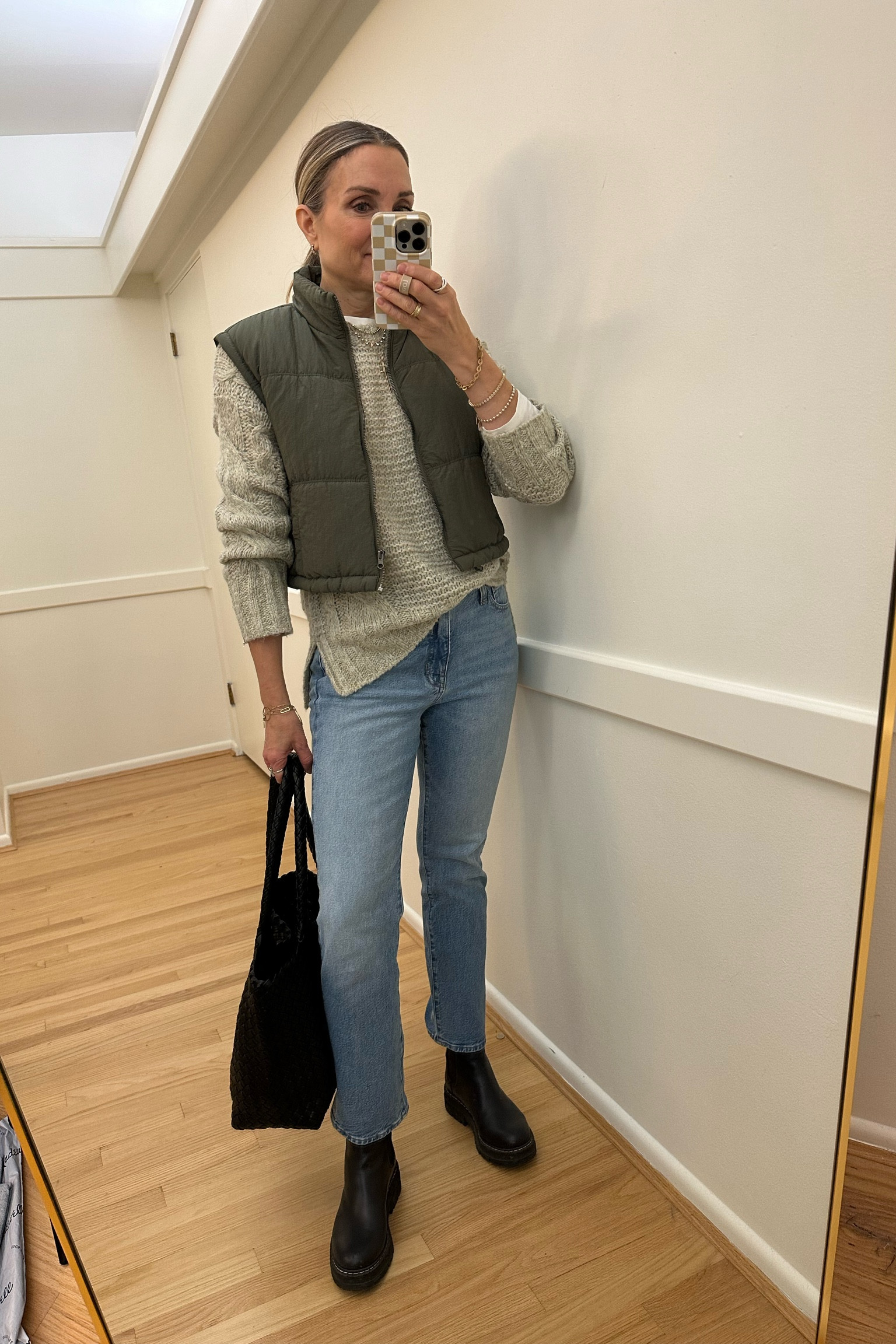 Pumpkin patch fall outfit! Splendid X cellajaneblog sweater, jcrew straight leg jeans, thread and supply crop puffer vest in olive, black lug sole Chelsea boots. Weekend outfit 

#LTKOver40 #LTKFindsUnder100 #LTKFindsUnder50