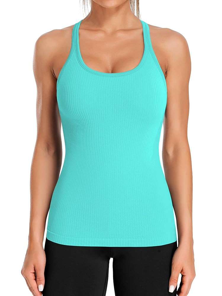 ATTRACO Ribbed Workout Tank Tops for Women with Built in Bra Tight Racerback Scoop Neck Athletic ... | Amazon (US)