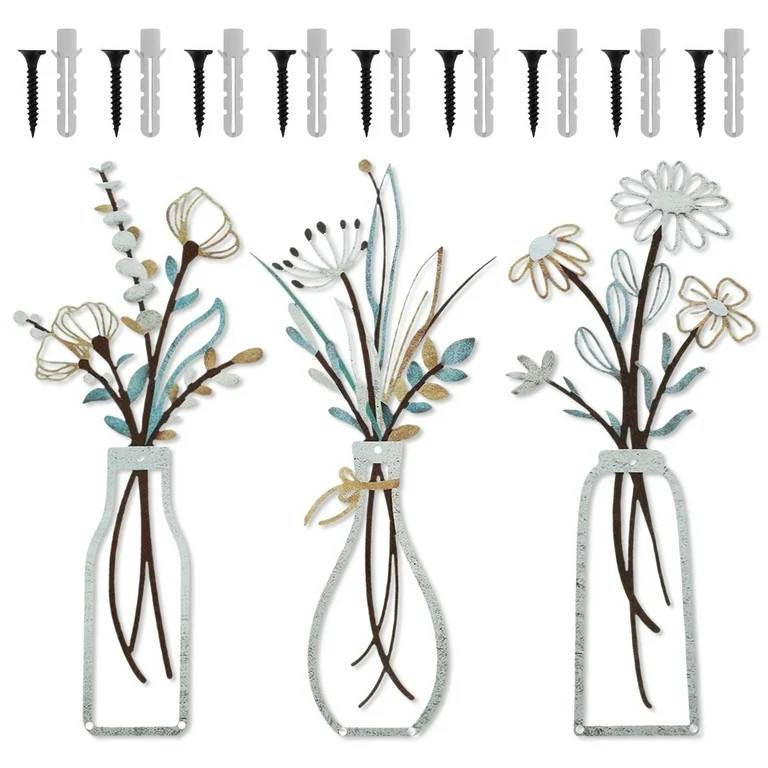 3 Pcs Metal Flowers Wall Arts Metal Vase Wall Art Rustic Farmhouse Decor Bathroom Wall Decor Dini... | Walmart (US)