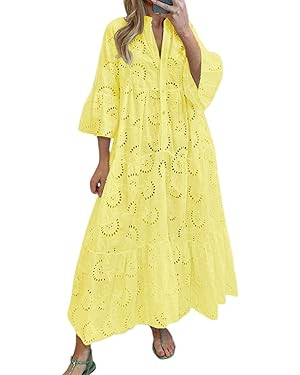 chouyatou Women's 2024 Lace Eyelet Embroidery Maxi Dress V-Neck Trumpet Sleeve Boho Flowy Swing D... | Amazon (US)