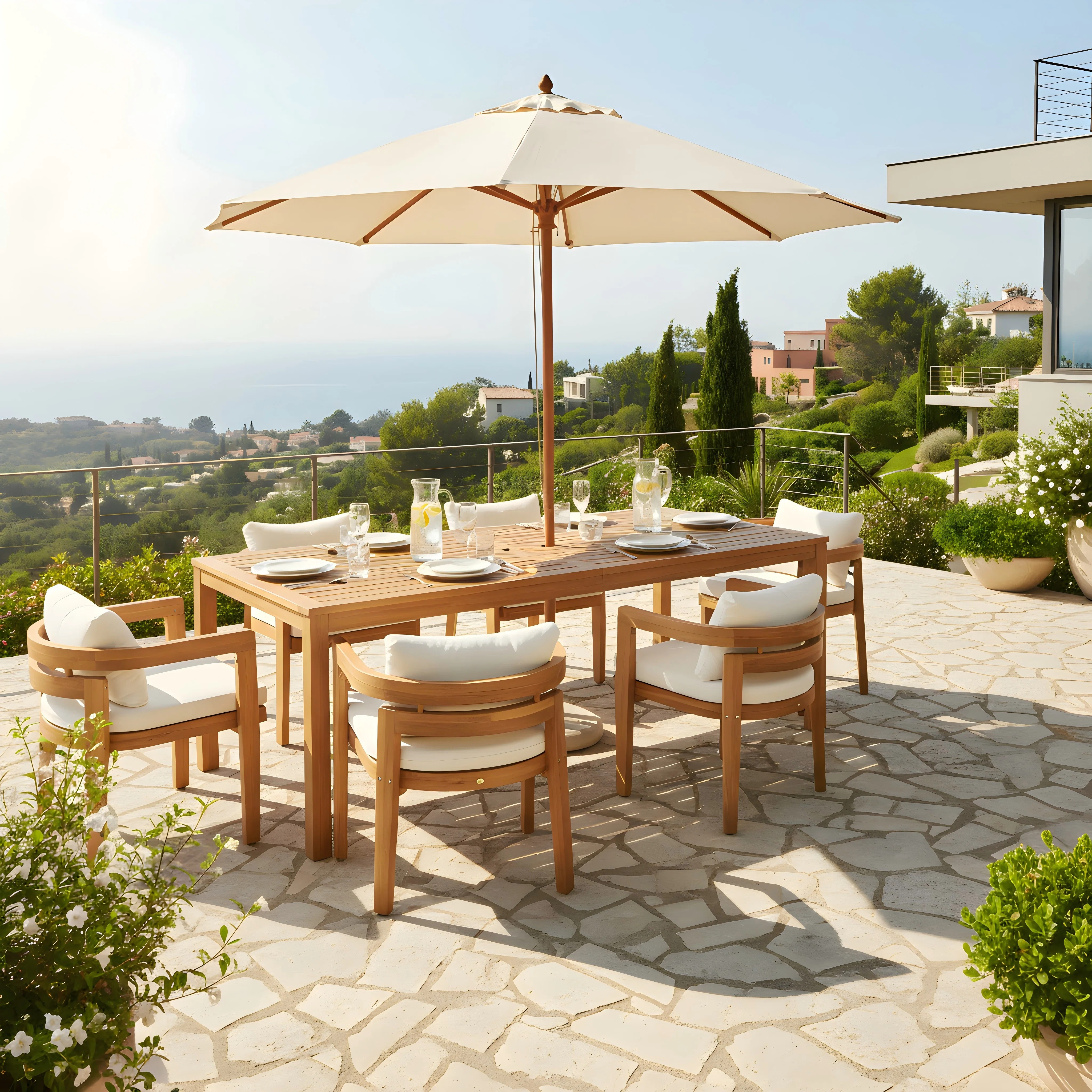 Staley Patio 7-Piece Acacia Wood Dining Set With Cushions & Umbrella Hole | Wayfair North America