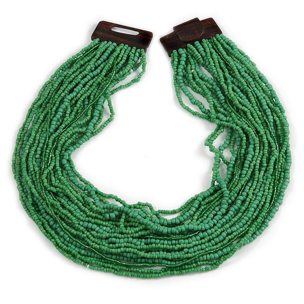 Statement Multistrand Apple Green Glass Bead Necklace with Wood Closure - 60cm Long | Amazon (US)