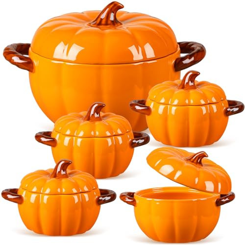 Maxdot Set of 5 Ceramic Pumpkin Bowls with Lid and Handles Pumpkin Shape Soup Serving Pot Storage Jar for Fall Thanksgiving Halloween Party Kitchen Dessert Decoration 17Oz & 54Oz (Orange) | Amazon (US)