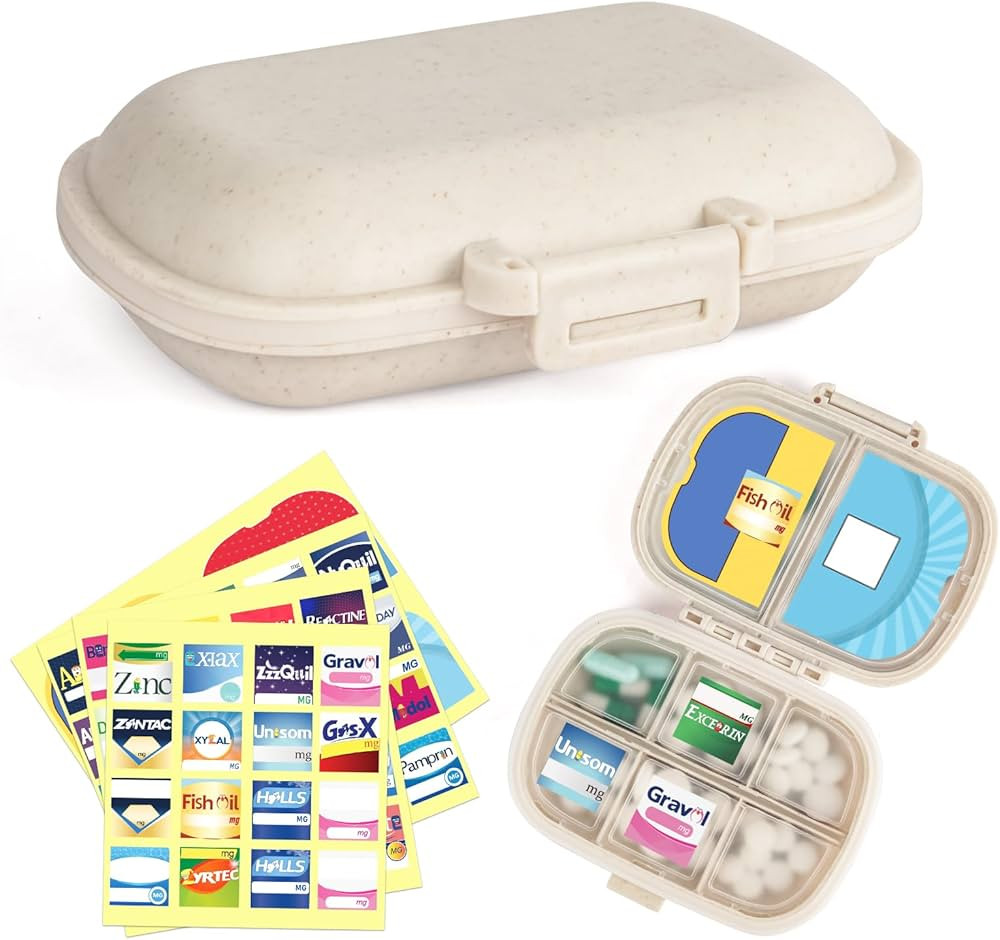 1Pack Travel Pill Organizer & 56 Medicine Name Stickers, 8 Compartments Portable Pill Case, Small... | Amazon (US)