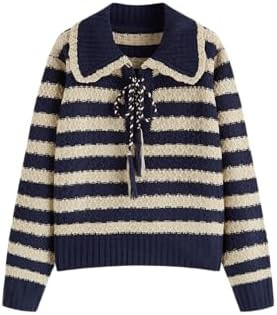 CIDER Striped Sweaters for Women Collar Knit Long Sleeve Knotted Loose Fit Pullover Winter Sweate... | Amazon (US)