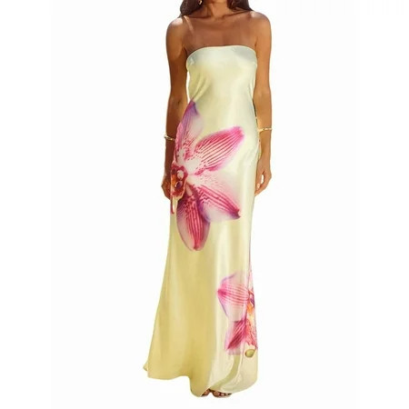 Women Y2k Strapless Maxi Dress Floral Print Tube Long Dress Boho Beach Sundress Going Out Streetwear Light Yellow M | Walmart (US)