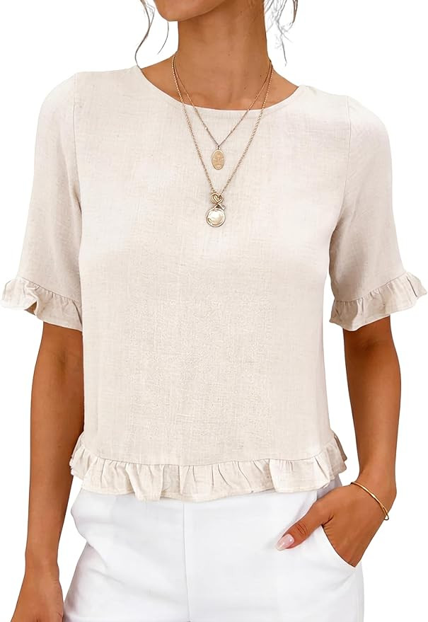 Dqbeng Women Linen Ruffle Hem Blouse Short Sleeve Crewneck Casual T Shirts Summer Beach Vacation ... | Amazon (US)