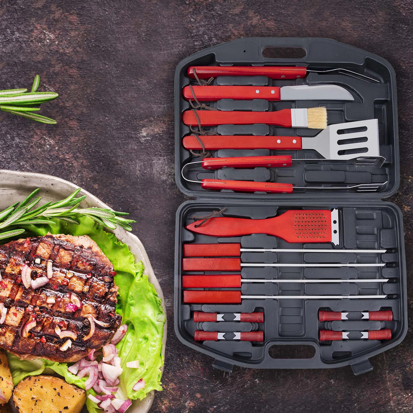 Arlmont & Co. Clabaugh 18pcs Stainless Steel Non-Stick Grill Tool Set with Storage Case, Red & Re... | Wayfair North America