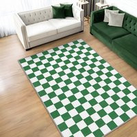 Green & White Checkered Rug, Geometric Pattern Living Room Rug, Rugs For Bedroom Aesthetic, Minimalistic Area Rug | Etsy (US)