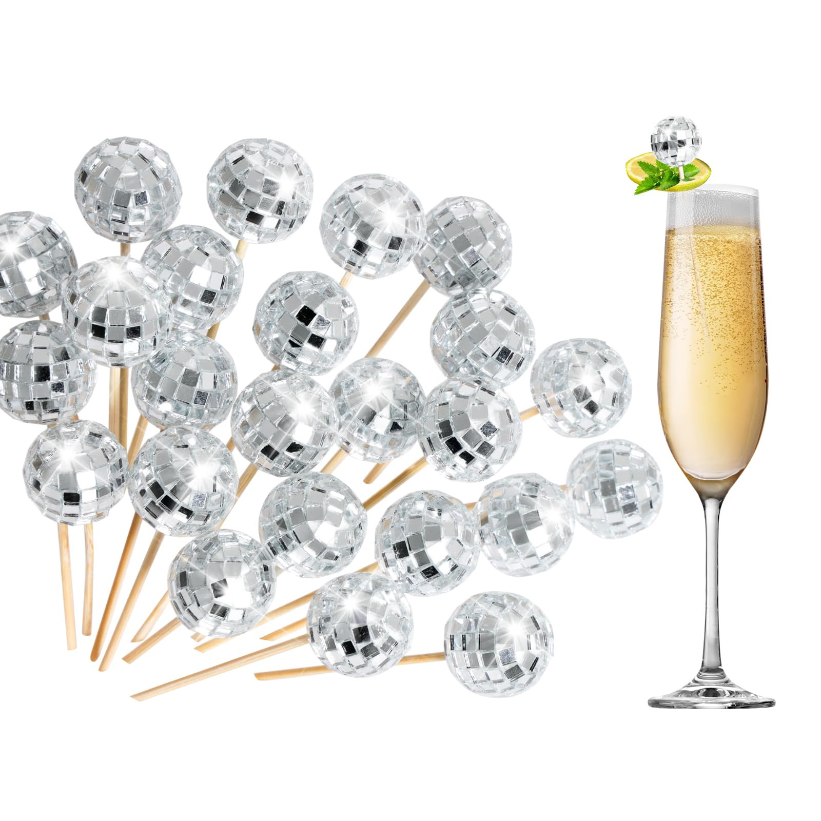 100 Pcs Disco Ball Cocktail Picks, 4.7 Inch Silver Mirror Ball Fancy Toothpicks Wooden Cocktail S... | Amazon (US)
