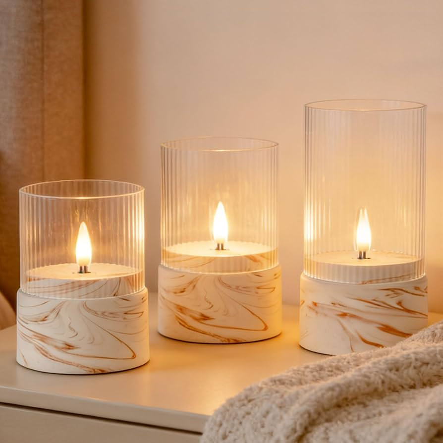 3 Flameless LED Candles with Timer Function in Marble Texture, Battery Operated Glass Candles for... | Amazon (US)