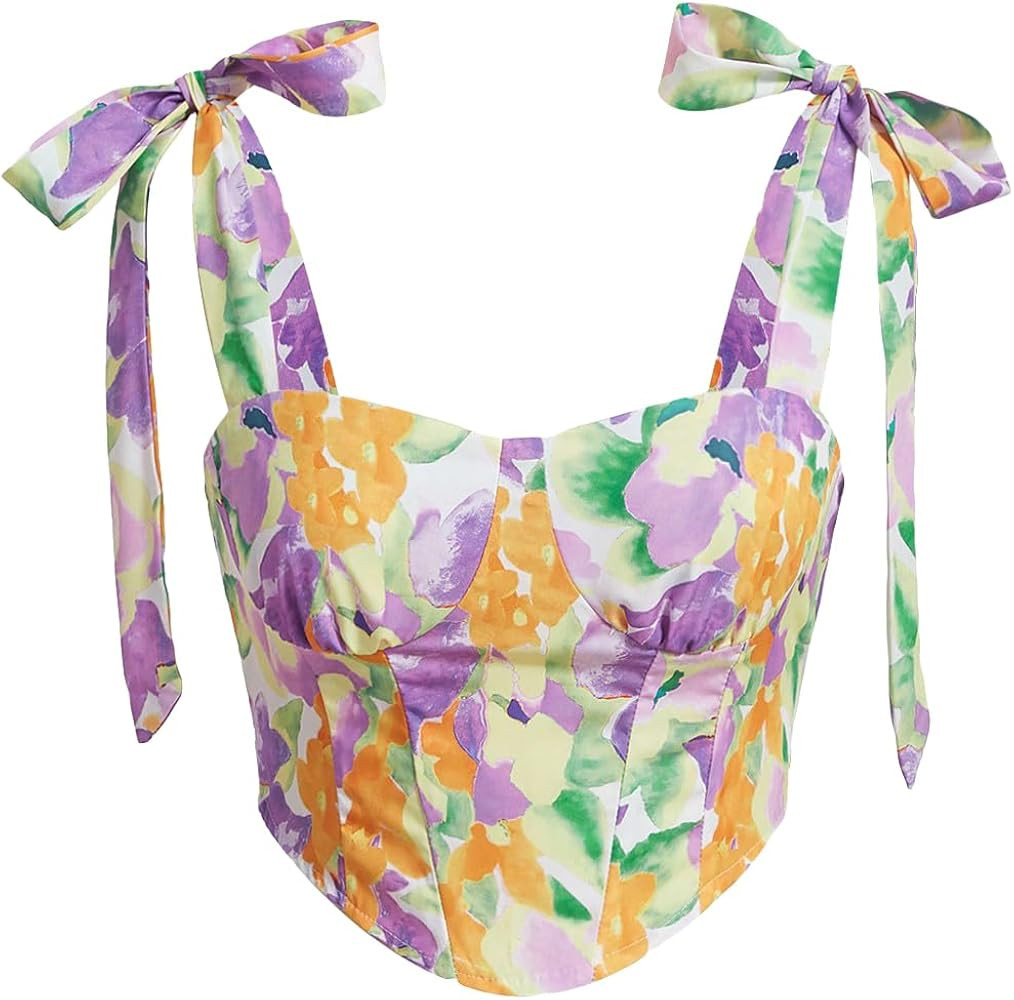 MakeMeChic Women's Sleeveless Camisole Corset Knot Shoulder Boho Floral Crop Tank Top | Amazon (US)