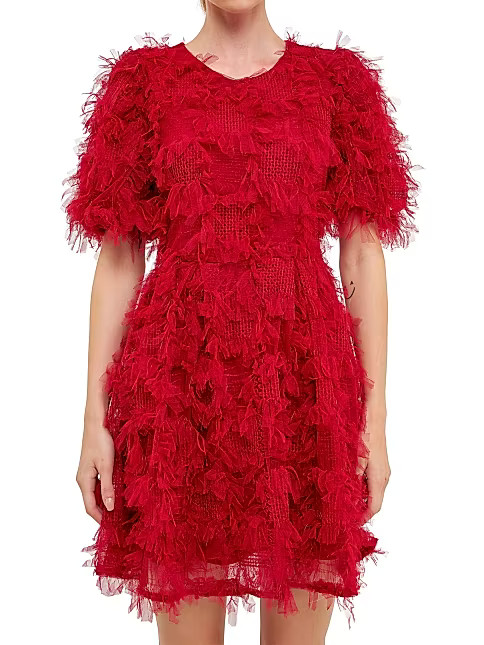 Gridded Mesh Feathered Puff Sleeve Mini Dress | Saks Fifth Avenue