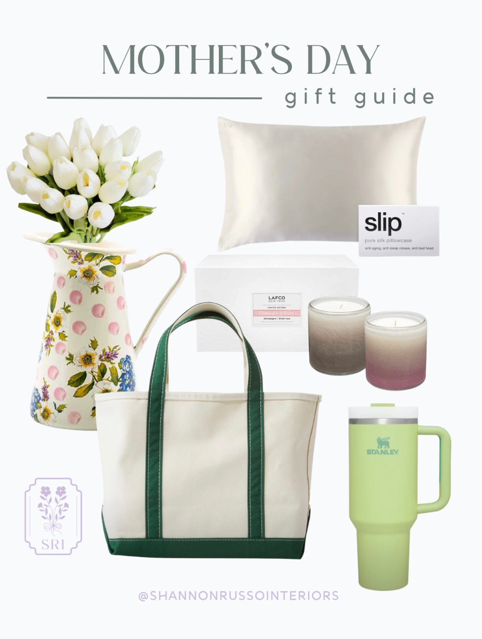 Pamper your mom with the perfect Mother's Day gifts, handpicked by Shannon Russo Interiors! From luxurious silk pillowcases to the best candles that smell heavenly, our gift guide has everything to make your mom feel special. Personalize a classic LL Bean boat tote or gift her an LAFCO candle set that will last forever. Add a touch of whimsy to her home with faux tulips that look just like the real thing, or brighten up her kitchen with a flower patterned pitcher from Mackenzie's Child. Give her a Stanley Cup for the trendiest way to stay hydrated. Show your mom how much you love her with these thoughtful and stylish gifts! #ShannonRussoInteriors #MothersDayGiftGuide #GiftsForMom #LLBean #LAFCO #MackenziesChild #WilliamsSonoma #FauxTulips #StanleyCup #LTKHome

#LTKGiftGuide #LTKunder100 #LTKhome