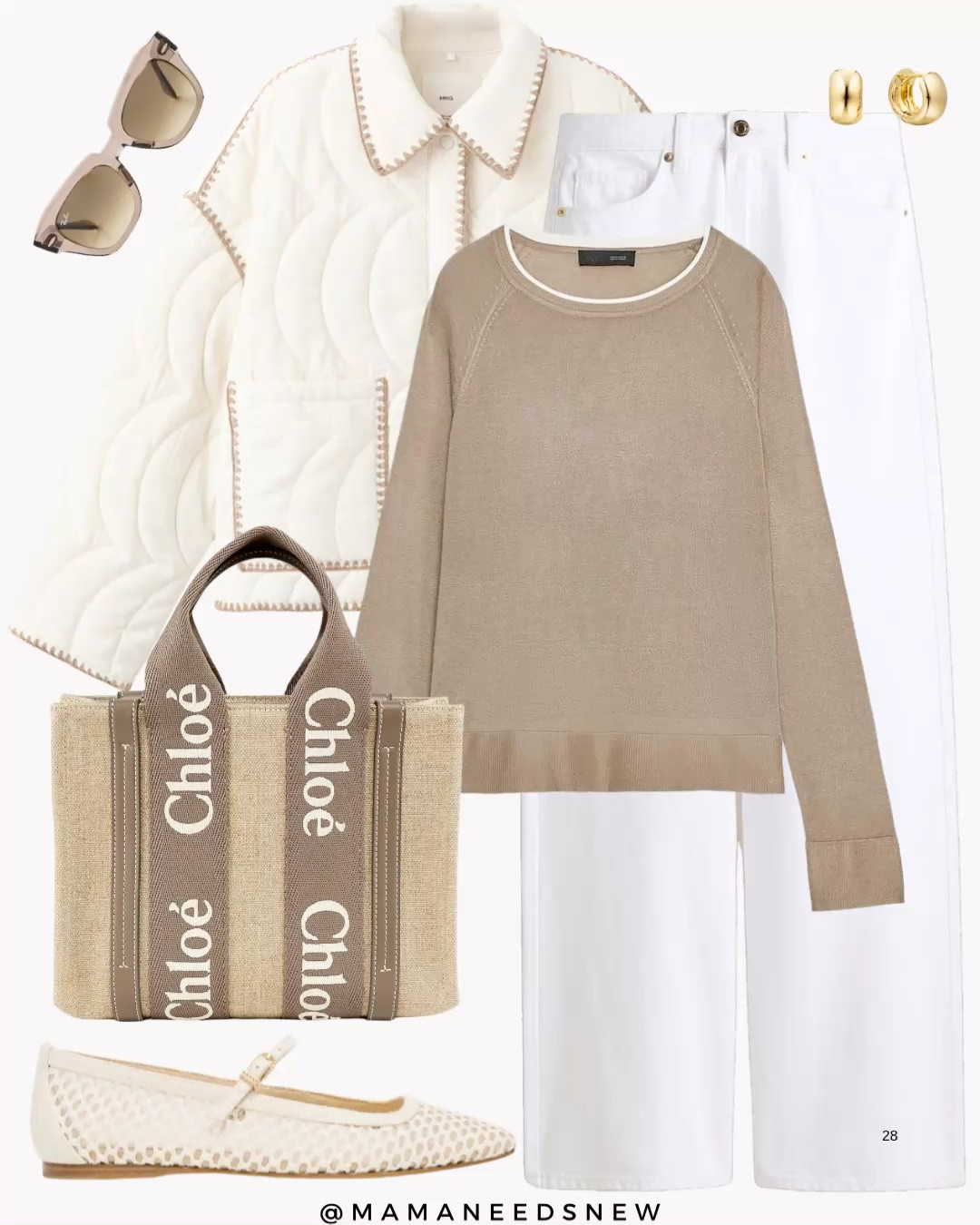 A spring outfit with a quilted jacket, knit sweater, white jeans, Mary Jane flats, tote bag 🤍

#LTKSaleAlert #LTKSeasonal #LTKootd