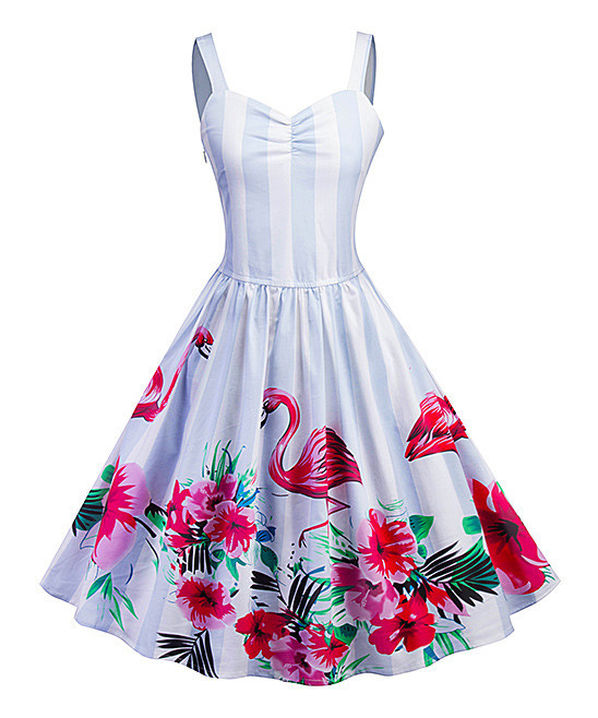Sucrefas Women's Special Occasion Dresses White - White & Pink Floral Flamingo Fit & Flare Dress - W | Zulily