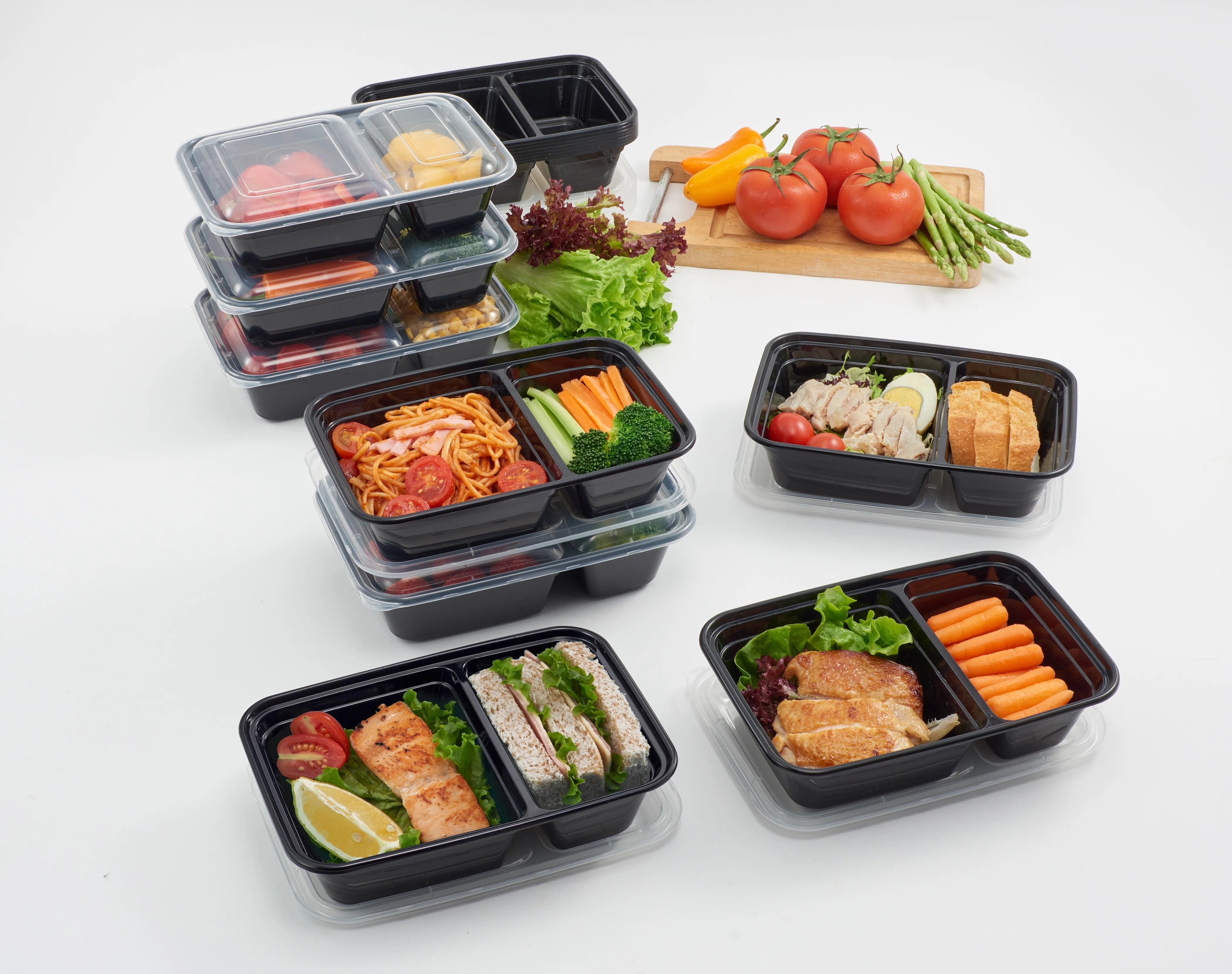 Mainstays 15PK 2-Compartment Meal Prep Food Storage Container, Clear Lid & Black Container, 900ML... | Walmart (US)