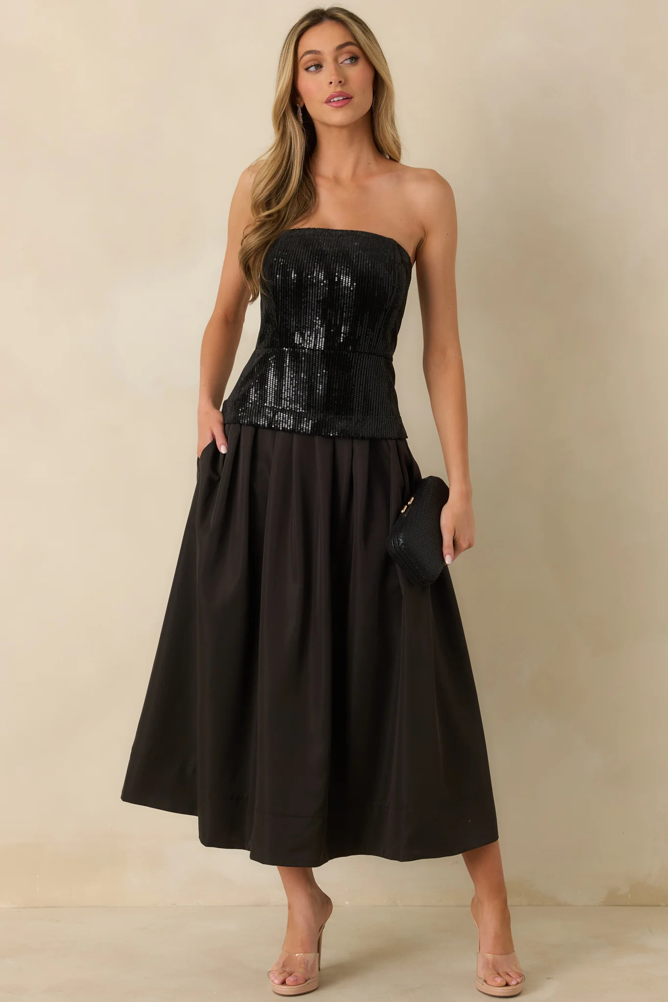 Sips & Sparkles Black Sequin Strapless Midi Dress | Red Dress