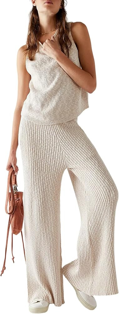 Yeokou Women 2 Piece Summer Casual Outfits Crew Neck Sleeveless Top and Wide Leg Pants Sweater Se... | Amazon (US)