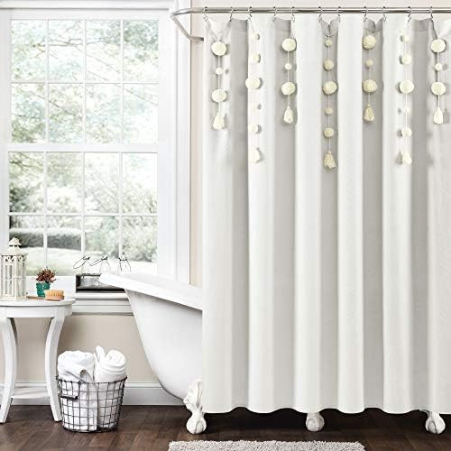 Lush Decor Boho Pom Pom Tassel Linen Shower Curtain, 72" x 72", Off White | Amazon (US)