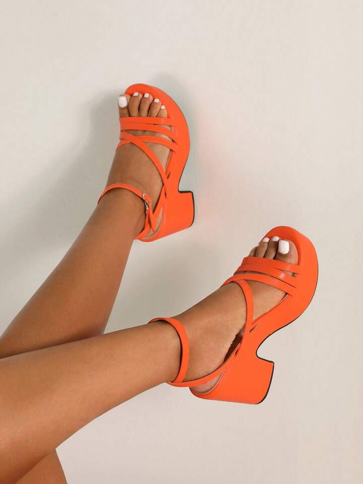 CUCCOO SZL Woman Shoes New Years Criss Cross Thick Sole Slingback Orange Wedge Sandals For Summer... | SHEIN