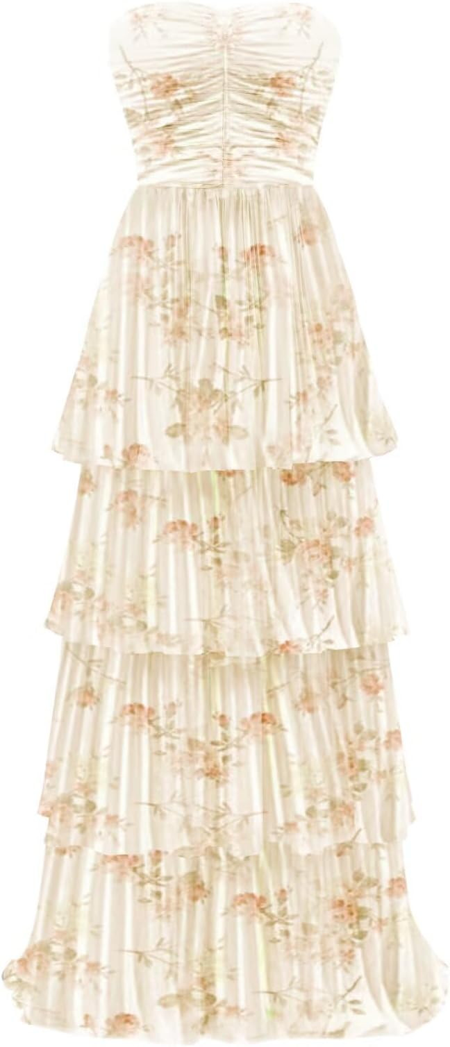 Tiered Chiffon Bridesmaid Dresses for Women Strapless Wedding Guest Dress Long Prom Formal Evenin... | Amazon (US)