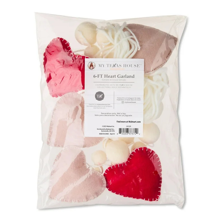 Felt Hearts and Wood Bead Garland, Red, White, and Pink, 6', Valentine's Day by My Texas House | Walmart (US)