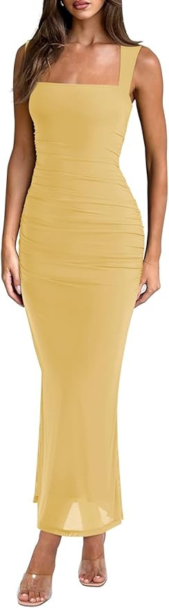 REORIA Summer Wedding Guest Maxi Dresses for Women Sleeveless Square Neck Sheer Mesh Ruched Bodyc... | Amazon (US)
