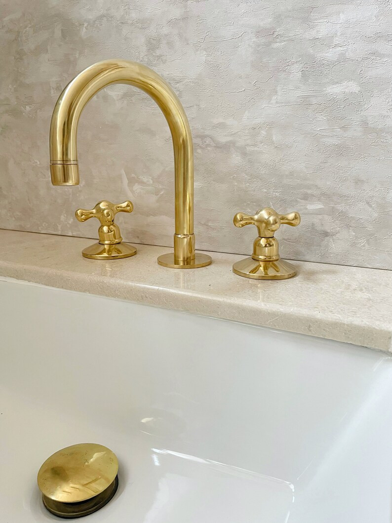 Deck Mounted Unlacquered Brass Faucet, 3-hole Vanity Bathroom Fixture - Etsy | Etsy (US)