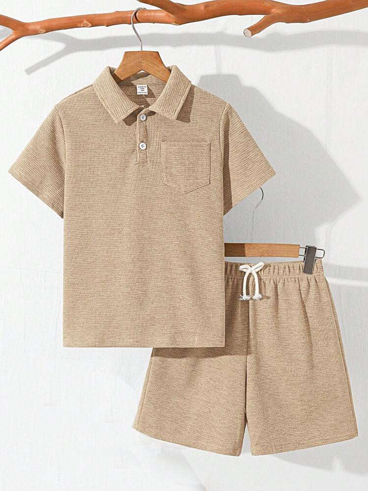 SHEIN 2pcs/Set Tween Boy Loose Fit Solid Turndown Collar Short Sleeve Polo Shirt And Shorts Set, Casual Outfit For Commuting, School, Daily, Sports, Suitable For Spring/Summer | SHEIN
