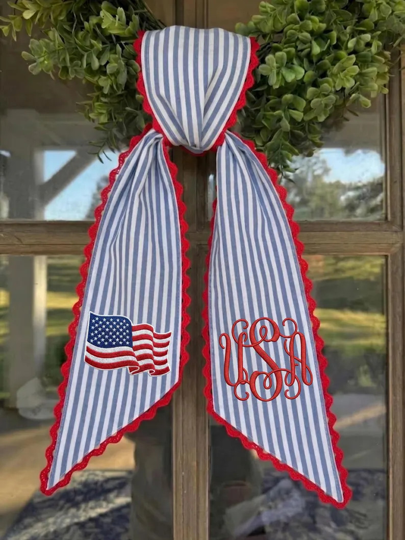 Wreath Sash with American Flag, Patriotic Summer Door Decor, 4th of July Front Door Decor, Memori... | Etsy (Global)