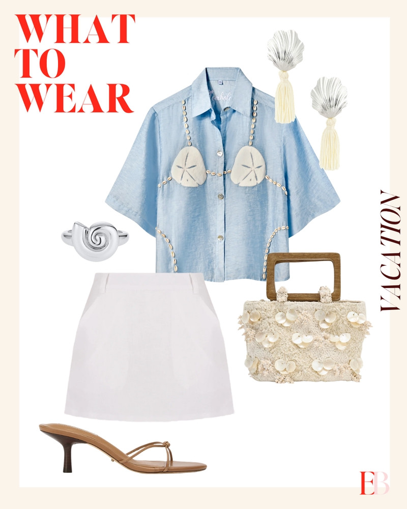 I linked another Tombolo shirt and I'm not sorry about it.
This light blue linen button-down with the sand dollar and cowrie shell appliqués is the kind of vacation top that makes people stop you and ask where you got it — and the answer is always satisfying. Tombolo does this better than anyone: the embellishment feels artisan, not costume-y, and the linen fabric means it actually breathes in the heat.
The rest of the edit leans all the way into the shell theme and I committed fully. The shell-encrusted cream bag is the statement piece that makes the whole outfit make sense. Silver shell tassel earrings, a spiral shell ring, white mini skirt, and tan strappy kitten heel mules that keep the look from getting too precious.
This is the vacation outfit for a beach town dinner or a day of exploring where you want to look like you put real thought into it without feeling overdressed. 

 #LTKootd
