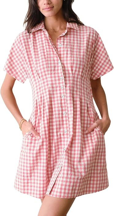 Yeokou Women Mini Shirt Dress Gingham Plaid Short Sleeve Pleated Button Down Dresses Summer Casua... | Amazon (US)