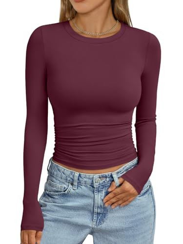 Trendy Queen Womens Long Sleeve Shirts Crop Tops Fall Fashion 2025 Going Out Basic Winter Clothes | Amazon (US)